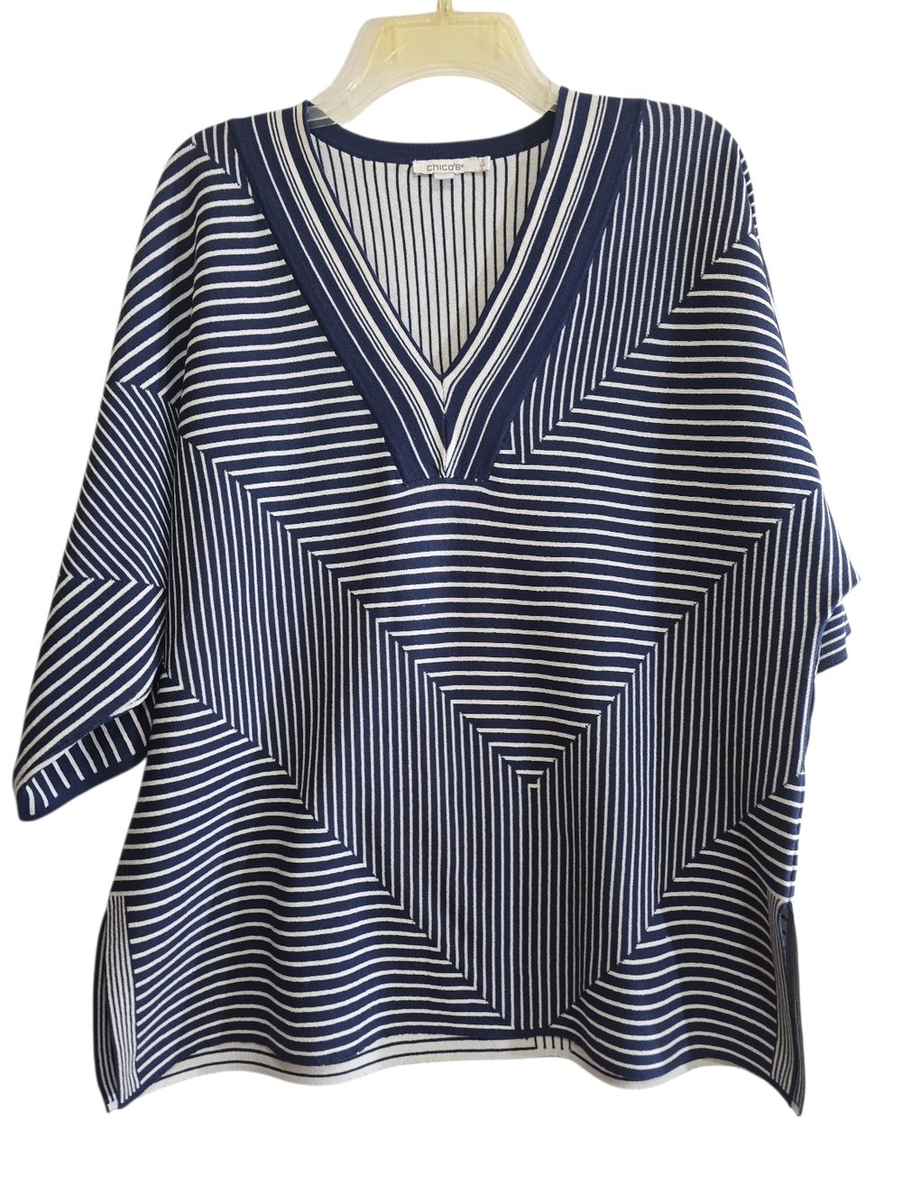 Chico's Multi Directional Striped Knit Top Large Navy White V-neck Pullover